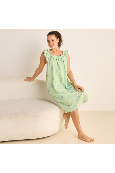 FAV Floral Print Sleeveless Night Dress with Ruffle Detail