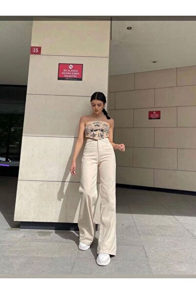 ByCukurovaFrango Palazzo BEIGE Trend Φαρδύ ψηλόμεσο γυναικείο τζιν