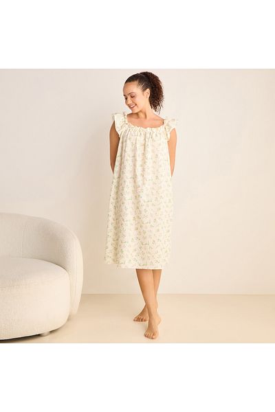FAV Floral Print Sleeveless Night Dress with Ruffle Detail