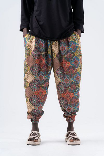 Superbluemexico Men's Wrinkle Patterned Loose Baggy Trousers