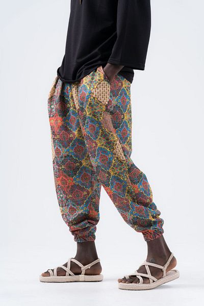 Superbluemexico Men's Wrinkle Patterned Loose Baggy Trousers