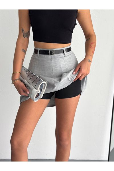 winmoda Pleated Fabric Skirt Belted Model / Pleated Skirt with Leggings Inside