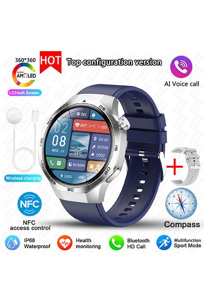BOXUXING GPS NFC Watch GT5Pro Silver blue New For Huawei Watch GT5 Pro Smart Watch HD AMOLED Screen NFC GPS T