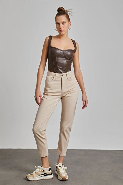 ByCukurovaFrango By-7853 High Waist Beige Mom Jeans Lycra Colorfast Extra Com...