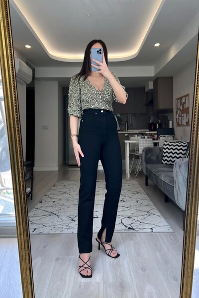 MAKRAS EXCLUSIVE A199809 Black Lycra High Waist Inside Slit Jeans Black Wide Leg Jeans