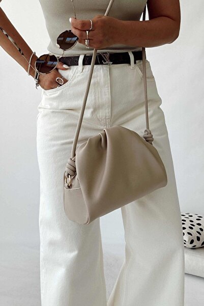 MAKRAS EXCLUSIVE A178748 Women's Cream Color High Waist Wide Leg Jean Boyfriend Loose Baggy Jeans Pants