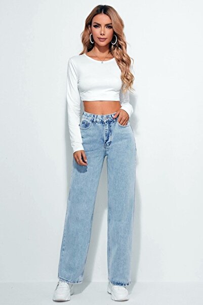 ByCukurovaFrango Γυναικείο μπλε τζιν παντελόνι με φαρδιά μπατζάκια, υπερυψηλή...