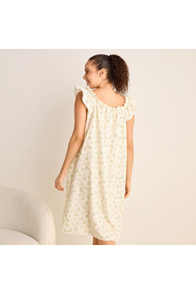 FAV Floral Print Sleeveless Night Dress with Ruffle Detail