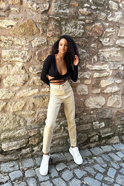 ByCukurovaFrango BY-2691 Ψηλόμεσο μπεζ Mom Jeans Lycra ελαστικό τζιν κρεμ παν...