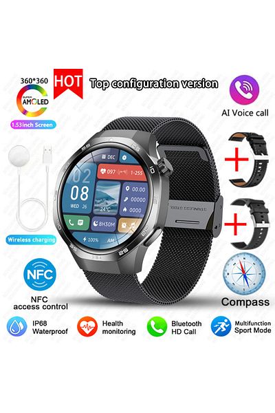 BOXUXING GPS NFC Watch GT5Pro Black mesh belt New For Huawei Watch GT5 Pro Smart Watch HD AMOLED Screen NFC G
