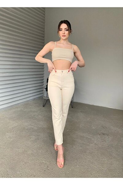 ByCukurovaFrango By-4260 Women's Beige Plain Mom Jean Cream High Waist Jeans ...