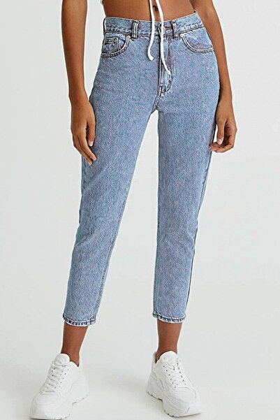 ByCukurovaFrango Leo Snow Blue Mom farmerke Ženske Boyfriend Visok struk Sa l...