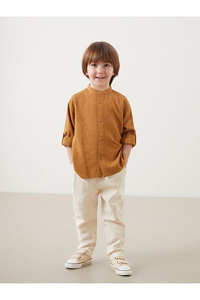 LC Waikiki Linen-Viscose Blended Cotton Fabric Stand Collar Baby Boy Shirt & Pantalon 2-Piece