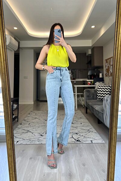 ByCukurovaFrango BY-8730 Blue Snow Wash High Waist ελαστικό ύφασμα Μπροστά άν...