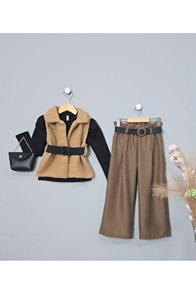 BLR KİDS Girl's Eid Vest and Houndstooth Trousers Bottom Top Set with Bag