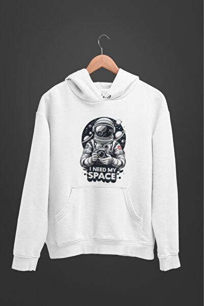 Butik Unisex Long Sleeve 2 Thread Astronaut Transfer Printed Hooded Sweatshirt