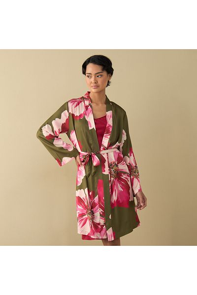 FAV Solid Slip Dress with All-Over Floral Print Night Robe