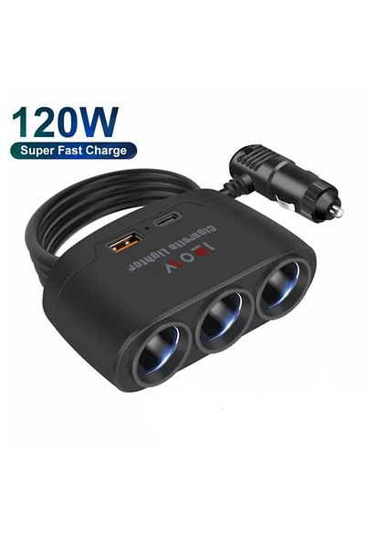 Choice black 3 in 1 Dual USB Socket 120W Car Cigarette Lighter Splitter 12V 24V Fast Charger Plug Phone Pow
