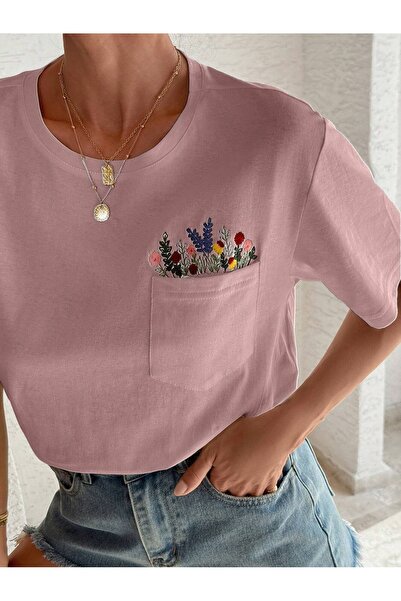 PALPİTO Γυναικείο μπλουζάκι με ροζ φλοράλ τσέπη με στάμπα oversize