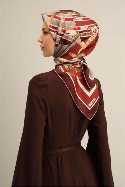 Armine وشاح منسوج من الحرير الخالص بنمط حزام سلسلة رمادي عنابي-E25YA9315D02-3...