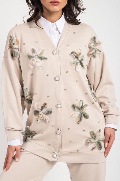 Bold Grup Women's Scuba Tulle Floral and Pearl Buttoned Cardigan Pantaloni Hijab Set