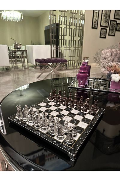 POLO BLUE Antique Classic Chess Set with Tumblers – 33X33 cm Marble Pattern Mdf Table & Cast Iron Stones