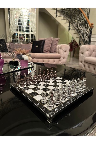 POLO BLUE Antique Classic Chess Set with Tumblers – 33X33 cm Marble Pattern Mdf Table & Cast Iron Stones