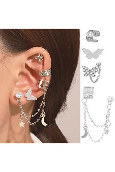 Fasion Jewelry 4 Adet Sallantılı Kelebek Desenli Gri Küpe