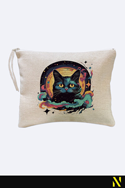 nilizma Black Cat Patterned Linen Handbag