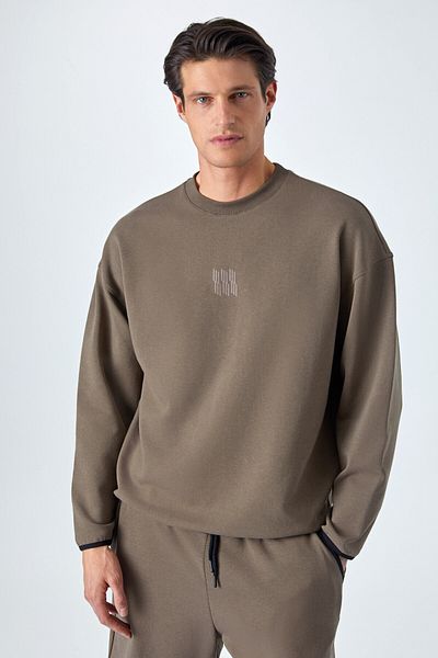 GRIMELANGE Plemon Men's Crew Neck Long Sleeve Print Detailed Oversize Dark Brown Sweatshirt