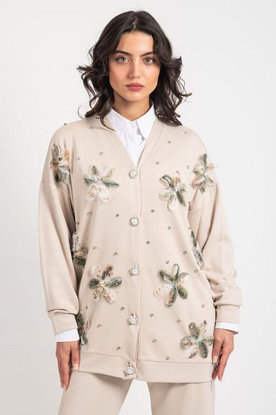 Bold Grup Women's Scuba Tulle Floral and Pearl Buttoned Cardigan Pantaloni Hijab Set
