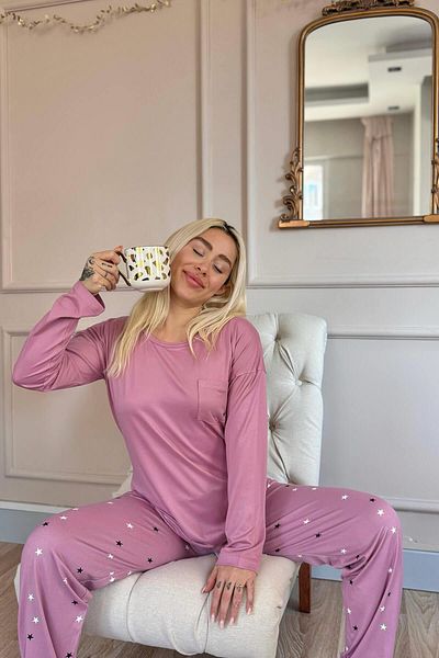 Pijamaevi Dámská pyžamová souprava s dlouhým rukávem z bambusu se vzorem Powder Star
