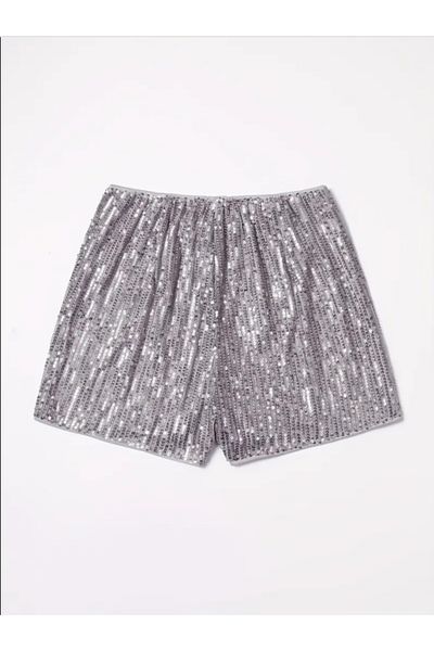 AYSİ COLLECTİON Elastic Waist Lined Sequin Shorts Silver