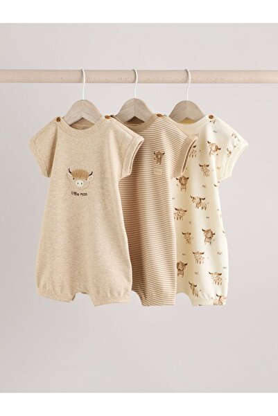 Next Baby %100 Pamuklu Krem Boğa Desenli 3'lü Romper Set