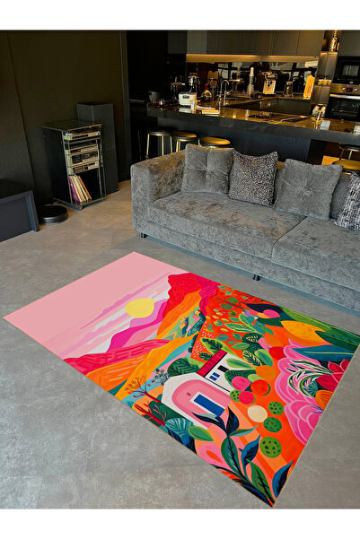 Rugs Modern Halı Tuğrul Koleksiyonu Çok Renkli Dağ ve Güneş Manzarası Desenli...