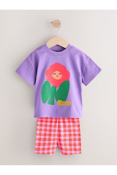 Next Baby Cotton Orange Lilac Printed Short Sleeve Leggings 2-Piece Bottom Top Set