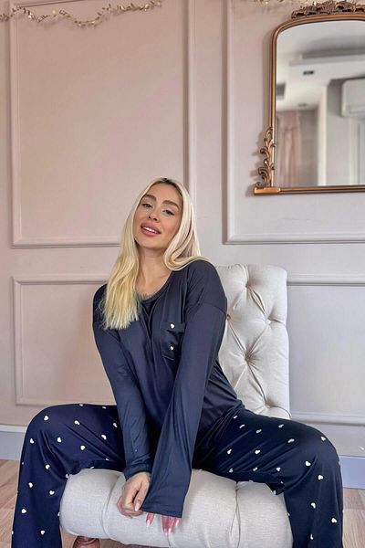 Pijamaevi Navy Blue Heart Patterned Bamboo Long Sleeve Women's Pajamas Set