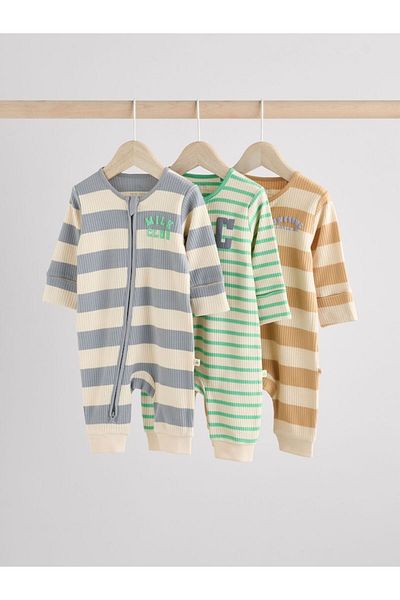 Next Baby 100% Cotton Blue Green Orange Striped Footless 3-Piece Overalls Set