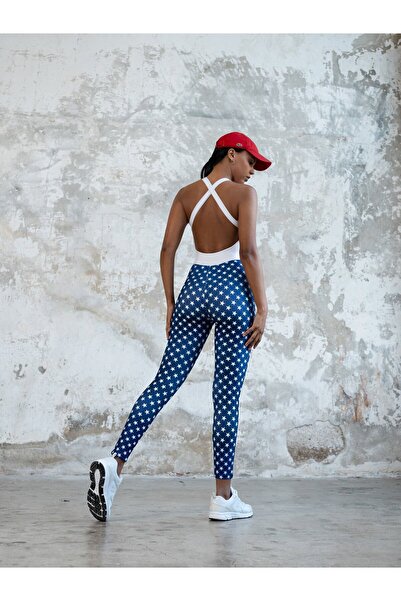 lismina Üstü Beyaz Altı Yıldız Desenli Tek Çapraz Askılı Spor Tayt Tulum