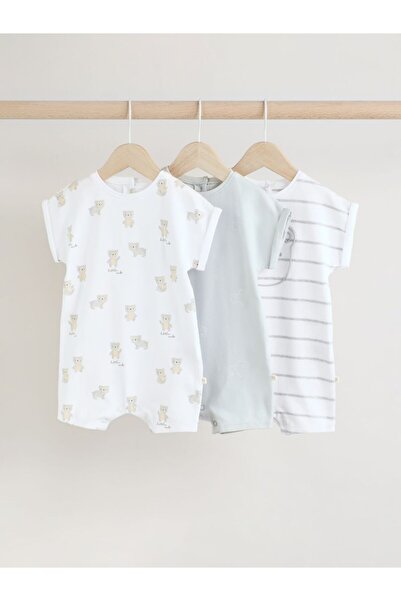 Next Baby %100 Pamuklu Beyaz Gri Ayı Desenli 3'lü Romper Set