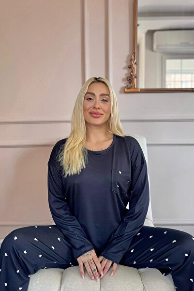 Pijamaevi Lacivert Kalp Desenli Bambu Uzun Kol Kadın Pijama Takımı