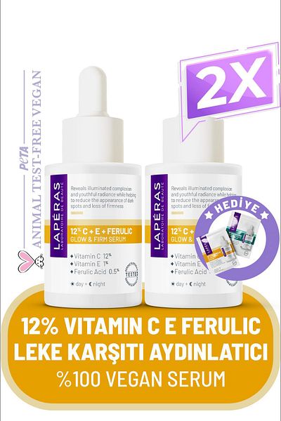 LAPERAS Vitamin C E Ferulic Hyaluronic Serum 2 Pack Anti-Blemish Tone Equalizer Vegan
