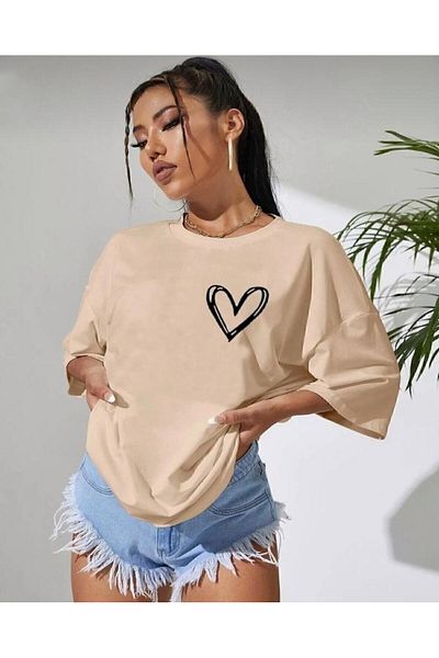 khufu Unisex Oversize Heart Print Άνετο T-shirt