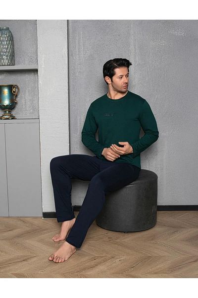 Sude Men's Crew Neck Combed Cotton Long Sleeve Thin Pajama Set A-301-991- 1 Piece