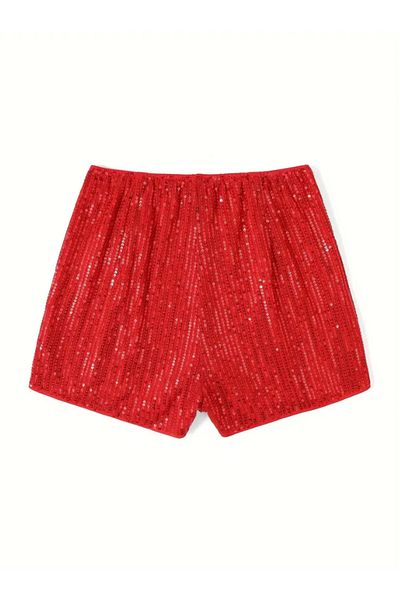 AYSİ COLLECTİON Elastic Waist Lined Sequin Shorts Red