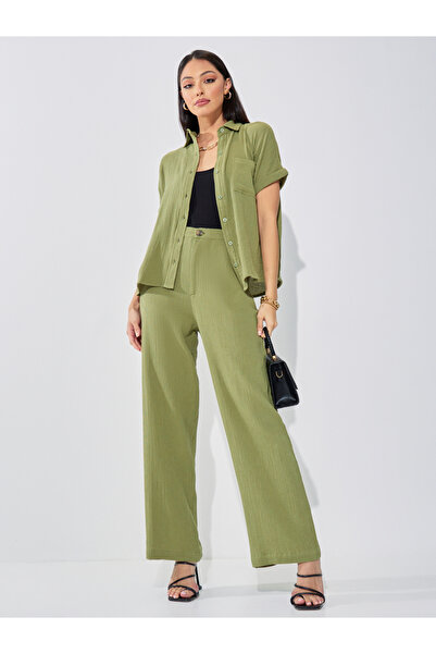 Styli High Rise Wide Leg Textured Trouser