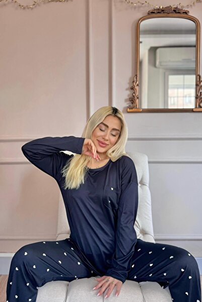 Pijamaevi Lacivert Kalp Desenli Bambu Uzun Kol Kadın Pijama Takımı