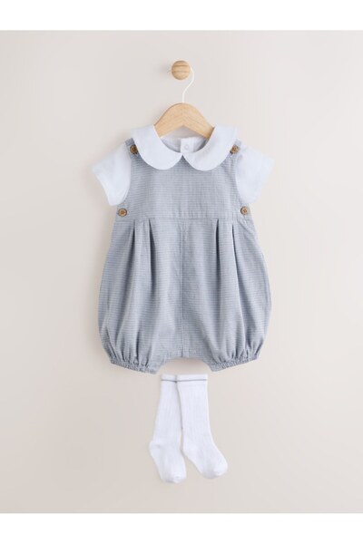 Next Baby Pamuklu Bebe Yaka Smart Gömlek Gri Salopet Çorap 3'lü Takım