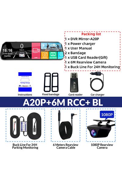 E-ACE 32G A20P With 6M RCC-BL Dashcam 24h Touch Screen Night Vision  Video recorder Full HD 1080P Front &