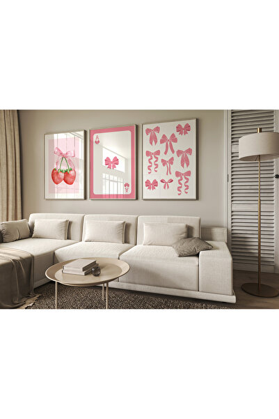 POSTER Cherry Pink Bow Coquette Poster Çerçevesiz 3'lü Tablo Seti